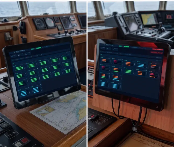 Two DIDI GNSS satellite status screens side by side on a ship bridge, one showing all signals trusted, the other showing a GNSS attack detected warning