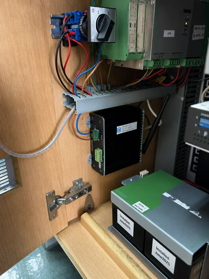 DIDI Onboard Unit mounted inside a ship console cabinet on DIN rail beside a UPS and a labelled ECDIS battery